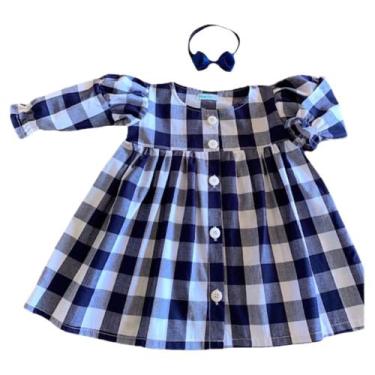 Imagem de Vestido de Bebê Menina Manga Longa Xadrez Azul com Tiara 100% Algodão 