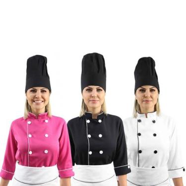 Imagem de Kit chef cozinha feminino Dolmã manga 3/4 + Avental branco + Chapéu pr