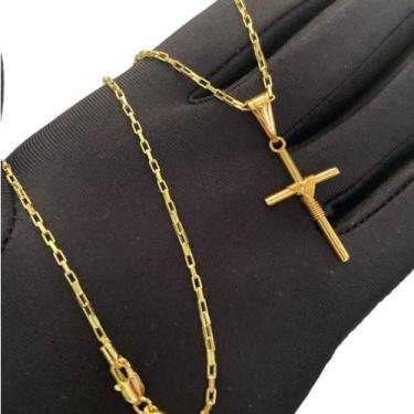 Imagem de Cordão Tijolinho 1mm + Pingente Cruz Fio - Banhado a Ouro - ToJoia18k
