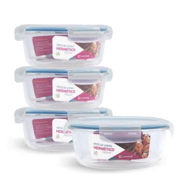 Imagem de Kit 4 Potes Hermético Vidro Redondo Grande Marmita 1300ml - NABOX, Azu