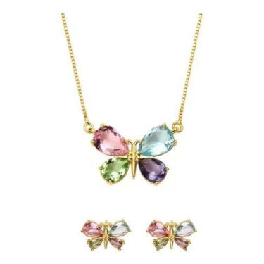 Imagem de Colar Brinco Borboleta Pedra Zirconia Colorido Banhado Ouro - De Castr