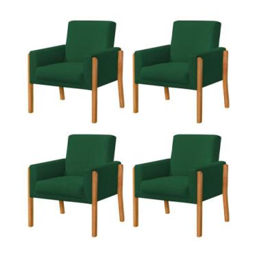Imagem de Kit 4 Poltronas Sala de Espera Pés em Madeira Santorini  Veludo Verde 