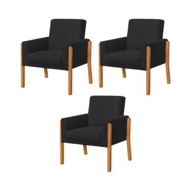 Imagem de Kit 3 Poltronas Sala de Espera Pés em Madeira Santorini Veludo Preto -