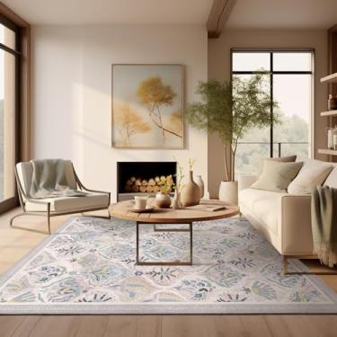 Imagem de Ashler 20 x 25 Tapete floral vintage, ultrafino boho tropical, grande para entrada, cozinha, azul nevoeiro/cinza claro/roxo, marroquino de pelo baixo, lavável na máquina decoração