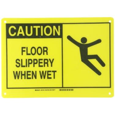 Imagem de Brady 62738 35,5 cm de largura x 25,4 cm de altura B-120 fibra de vidro premium, sinal de alerta preto sobre amarelo, cabeçalho "Cuidado", legenda "piso escorregadio quando molhado" (com imagem)