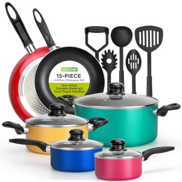 Imagem de NutriChef 15 peças coloridas antiaderentes – Conjunto de utensílios de cozinha de laca resistente ao calor com panela, frigideiras, panela de forno, tampas, conjunto de utensílios de 5 peças