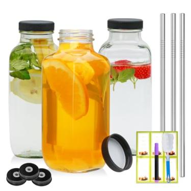 Imagem de Maredash Garrafas de suco de 473 ml, garrafas de água de vidro presentes para mulheres, garrafas de kombucha, garrafas de suco de vidro com tampas de 473 ml, garrafas de vidro com canudos de aço