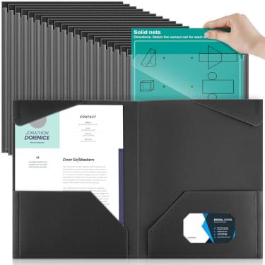 Imagem de Henoyso 60 pastas de plástico com bolsos frontais transparentes com bolsos, pastas de arquivo resistentes com bolsos e compartimento para cartão para crianças, escritório, escola, trabalho (preto)