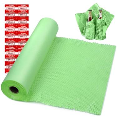 Imagem de onesimcr Papel de Embrulho Verde Em Formato de Favo de Mel 15"X131' Alternativa Sustentável Ao Plástico-Bolha para Rolos de Mudança/Transporte/Embalagem com 20 Adesivos Frágeis, Bi (, Verde)