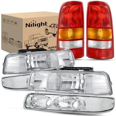 Imagem de Nilight Conjunto de farol e lanterna traseira compatível com Chevy Silverado 1999 2000 2001 2002 1500 2500 1500HD 2500HD Fleetside apenas estrutura cromada estilo original + carcaça vermelha
