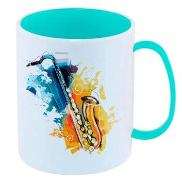 Imagem de Caneca de Polímero Plástico Inquebrável Infantil Azul Tiffany Instrumento Musical Saxofone