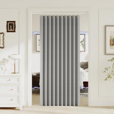 Imagem de Turquoize Cortina magnética 100% blackout para portas sanfonadas e dobráveis – Cortina plissada texturizada de linho para armário e divisória de quarto, 1 painel, L 139 x C 192, cinza