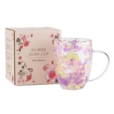 Imagem de Xícaras de chá de vidro de parede dupla, canecas de café de flores estéticas, xícara de chá isolada fofa com alça, resistente ao calor e sem chumbo, presentes para aniversário do dia das mães