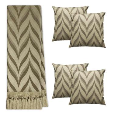 Imagem de Jogo Manta Xale para Sofá Artesanal com Franjas Grande 3 Metros e 4 Capas de almofadas (ZIG ZAG 142 BEGE E MARROM)