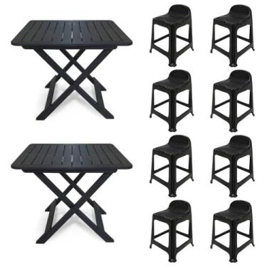 Imagem de 2 Mesas Quadradas Dobráveis 80x72cm Preta + 8 Banquetas Com Encosto - 