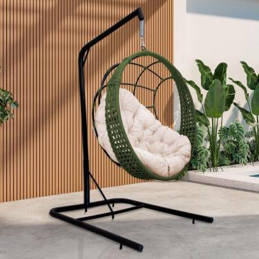 Imagem de Cadeira Balanço Ninho Suspenso Em Corda Náutica Luxo Com Suporte Verde-branco