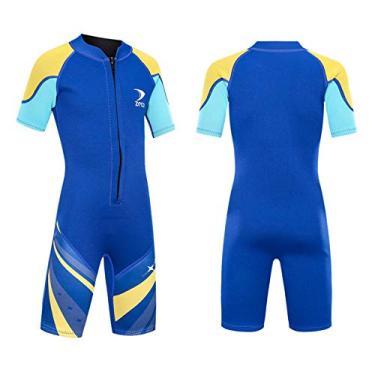 Imagem de ZCCO Roupa de banho infantil de neoprene de 2,5 mm, manga curta, roupa de mergulho para meninos e meninas, Azul, Small