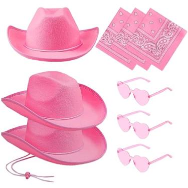 Imagem de Generic Chapéu de vaqueira rosa – conjunto de 3 chapéus de cowboy para mulheres, chapéus de vaqueira para cosplay, festa feminina, 3 chapéus, 3 bandanas e 3 pares de óculos, tamanho adulto