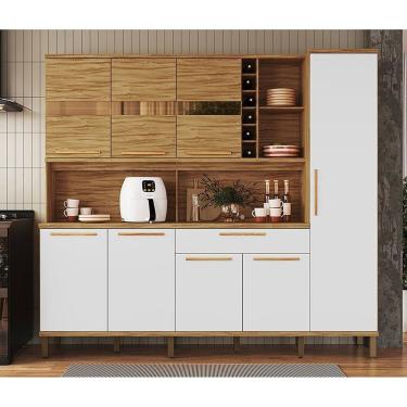 Imagem de Cozinha Compacta 222cm com 8 Portas 1 Gaveta e Mini Adega 100% Mdf Suécia Espresso Móveis Amêndoa/Branco