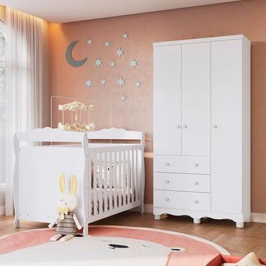 Imagem de Quarto de Bebê com Berço Minicama e Guarda-roupa 3 Portas 100% Mdf Nina Espresso Móveis Branco Brilho