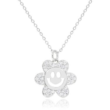 Imagem de MUSEQVE Colar de flor com rosto sorridente para mulheres, adolescentes, banhado a ouro 14 K, zircônia cúbica, com pingente de girassol, joia fofa para filha [SMN-FL], 17 inch with 2 inch extender