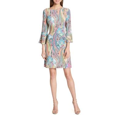 Imagem de Tommy Hilfiger Vestido feminino com gola redonda e manga sino, Rosa choque multi, 46