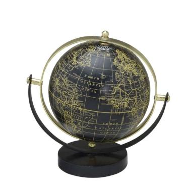 Imagem de Globo Terrestre Decorativo em Metal e Mámore Preto e Dourado 18cm 15552-PL