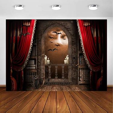 Imagem de Avezano Pano de fundo para fotografia de Halloween, vassoura mágica, vampiros, castelo medieval, assustador, morcegos bruxa, meados do século, vintage, para crianças, sessão de fotos, decoração de
