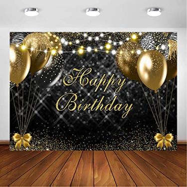 Imagem de Avezano Pano de fundo preto e dourado de feliz aniversário para decorações de festa de dia a dia adulto preto dourado com bolinhas de glitter, balões de luz fotográfica, fundo de fotografia (2,1 x 1,5 m)