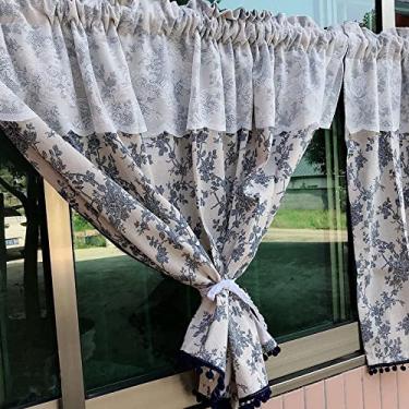 Imagem de LIFOND Cortina curta de cozinha cortina curta estilo pastoral, 1 peça cortina blackout para janela pequena, cortina de cozinha, meia cortina, com renda, para café/armário/porta/quarto 140 cm * 60 cm