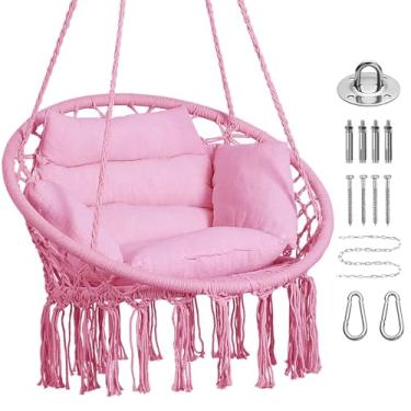 Imagem de Goutime Cadeira de rede com kit de ferragens para pendurar e almofadas traseiras, cadeiras de balanço Boho Macramê para ambientes internos, externos, quarto, pátio (rosa)