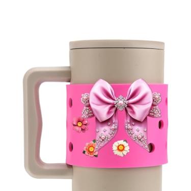 Imagem de Capa decorativa de silicone para Stanley, decorações rosa de 35 x 8 cm para Stanley Cup capa decorativa sem arranhões com orifício de 0,39 polegadas, pingente favorito DIY (não incluindo flores de