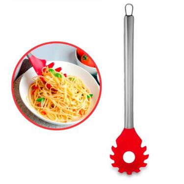 Imagem de Colher Silicone Inox Espaguete Macarrão Arroz Antiaderente Vermelho 31
