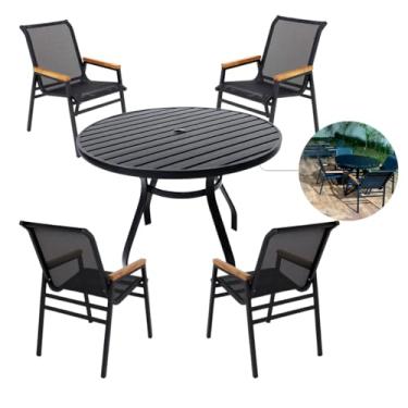 Imagem de Conjunto de Móveis Área Externa, 4 Cadeiras Piscina Tela Sling e Mesa Ripada Redonda Alumínio Nossa Kasa (Preto)