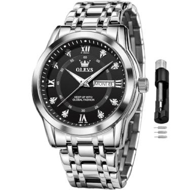 Imagem de OLEVS Relógio masculino clássico para negócios, analógico, quartzo, aço inoxidável, à prova d'água, luminoso, data, diamante, masculino, prata, relógios pretos prateados, relógio masculino