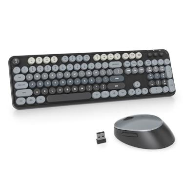 Imagem de Owpkeenthy Teclado e mouse retrô sem fio, lindo teclado preto com estilo máquina de escrever retrô, tamanho completo com teclado numérico, teclas redondas para desktop, laptop e computador (gradiente