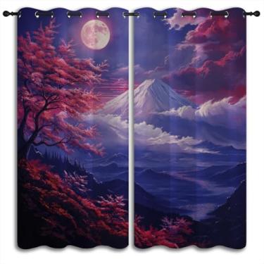 Imagem de Cortinas blackout estilo japonês para meninos meninas quarto decoração de casa, anime asiático Monte Fuji ameixa vermelha lua paisagem pintura isolamento térmico ilhós escurecimento sala de estar