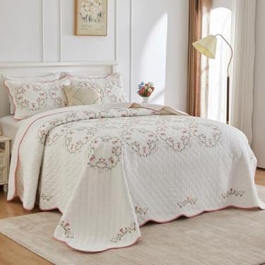 Imagem de SOElinens Colchas King extragrandes 128 x 120 extra largas - Conjunto de colcha King reversível com bordado floral de fazenda, 3 peças, leve, fino, conjunto de edredom, Cal King, rosa/branco