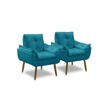 Imagem de Kit 2 Poltronas Para Sala Decorativa Opala Pés Madeira Suede Azul Turq