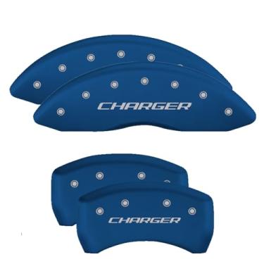 Imagem de MGP Caliper Covers - Capas de pinça de freio para Dodge Challenger 2011-2023 e Dodge Charger 2011-2023 (requer pinça dianteira de pistão duplo) Conjunto dianteiro e traseiro - Logotipo do CARREGADOR