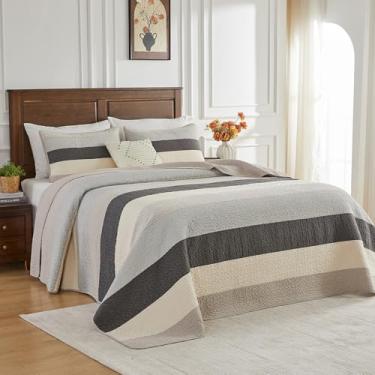 Imagem de Colchas King extragrandes 120 x 120 - Conjunto de colcha California King, edredom fino, leve e fino, 3 peças, colcha acolchoada reversível, listrada moderna, 100% algodão, Cal King, cinza/bege