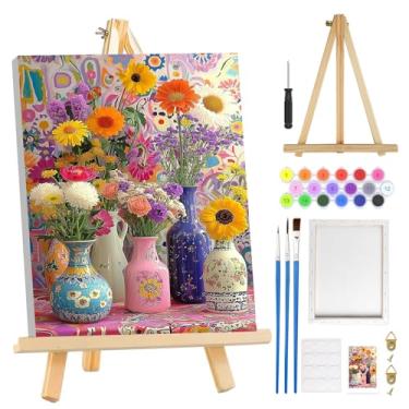 Imagem de MOGTAA Kit de pintura de flores por números para adultos iniciantes com moldura, kits de pintura de paisagem de flores por números em tela com cavalete, kits de pintura a óleo DIY fáceis para