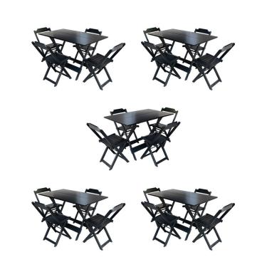 Imagem de Kit 5 Conjuntos De Mesa Dobravel Com 4 Cadeiras De Madeira 120X70 Para Restaurante E Bar - Preto