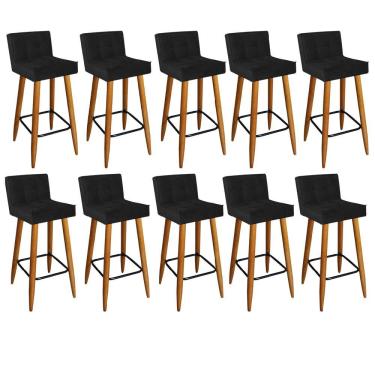 Imagem de Kit 10 Banqueta Alta Lucy Com Encosto Balcão Pé Palito Castanho Tecido Sintético Preto
