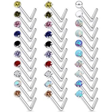 Imagem de Vsnnsns Piercing de nariz 18G, 20G, 22G, joia feminina de aço inoxidável cirúrgico 316L, saca-rolhas em forma de L, opala reta, diamante, zircônia, piercing de narina, joias para mulheres e homens