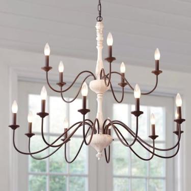 Imagem de Azkabu Lustre Francês De 15 Luzes, Grande Fazenda Para Sala Jantar, Luminárias Sobre A Mesa, Vela Industrial 2 Níveis, Estar, Hall Entrada, Escada