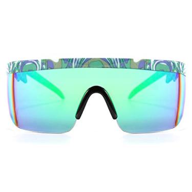 Imagem de FEISEDY Óculos de sol esportivos com escudo espelhado grande dos anos 80, óculos de esqui, parte superior, viseira futurista, feminina, masculina, B2522, Mármore verde C05, Normal size ZigZag Temple