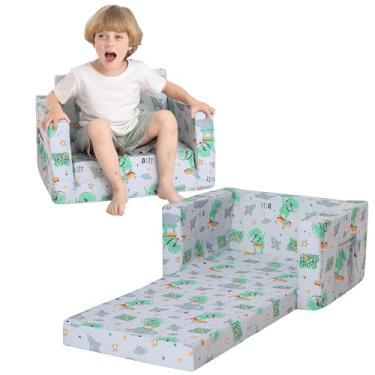 Imagem de lasoftan Sofá infantil para crianças, 2 em 1 dobrável, sofá conversível para espreguiçadeira para meninas e meninos, com capa removível e bolsos duplos - Dinossauro cinza