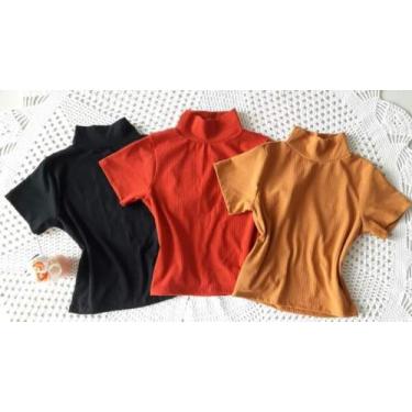 Imagem de Cropped feminino malha canelada gola alta manga curta básico - Moda fi
