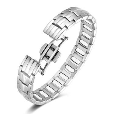 Imagem de Jecanori 5 pulseiras magnéticas de força para homens — Ímãs de elipse Gauss atualizados — Fecho de borboleta premium e comprimento ajustável, prata